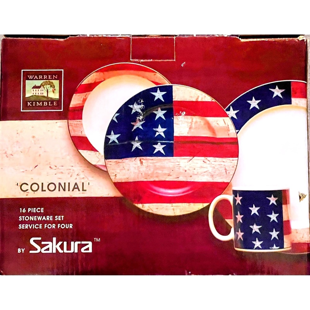 1997 Vtg. Warren Kimble Sakura Colonial 16 Piece Stoneware Dinnerware Set Flag